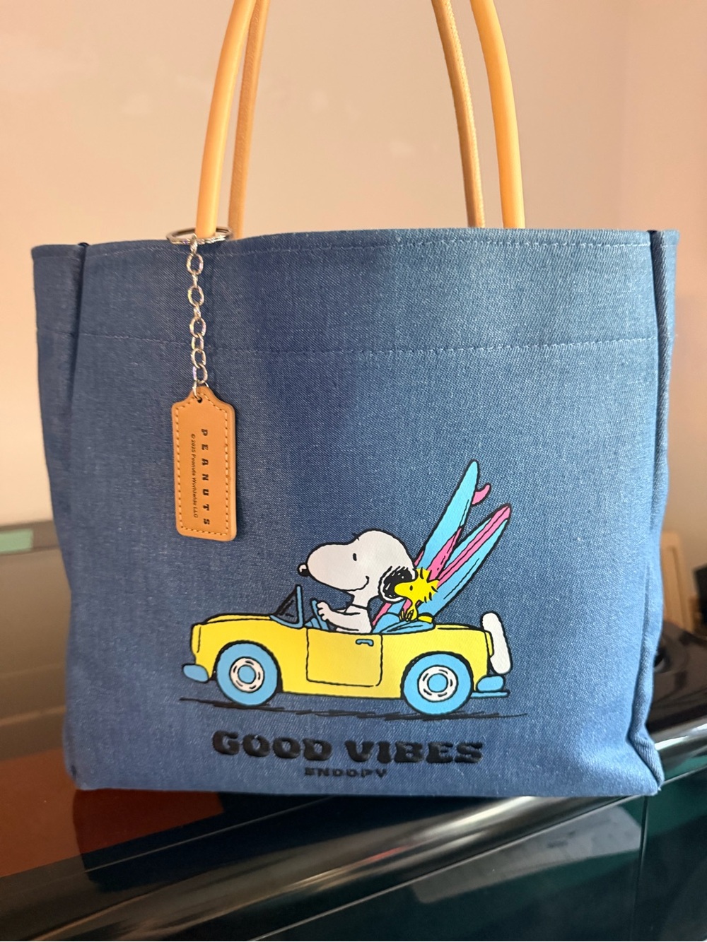 Peanuts Snoopy “Good Vibes” denim-style tote NWT Approximately 15”x11”